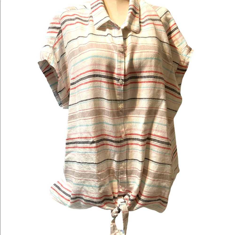 Weatherproof Vintage was able linen blouse top stripes button up tie size XXL